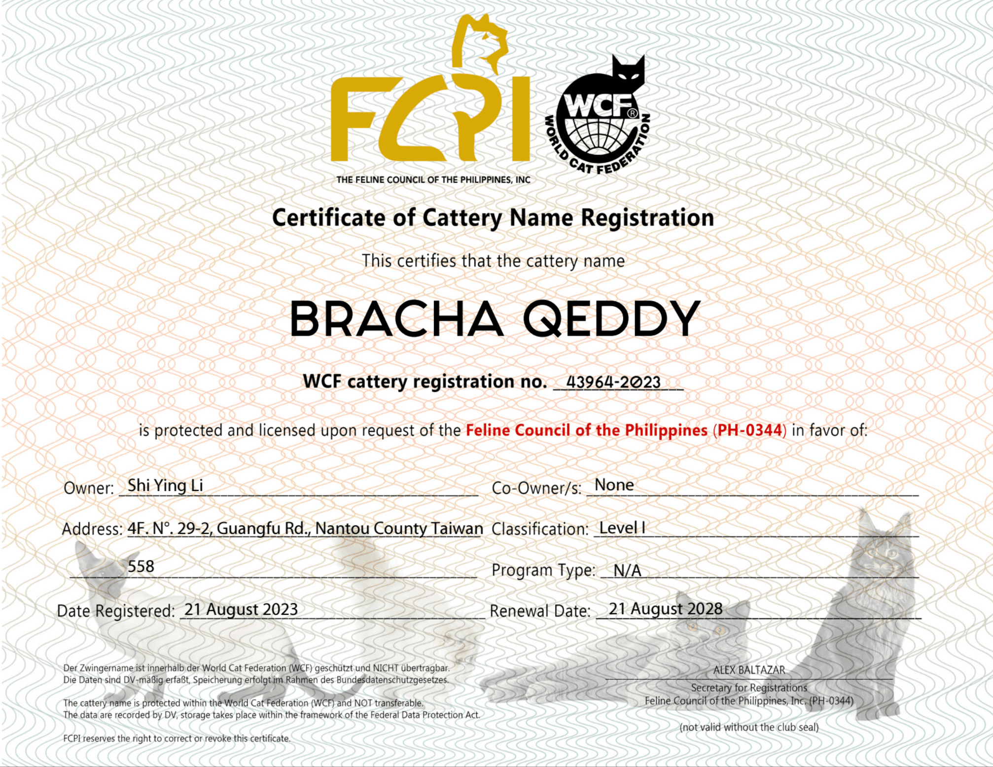 WCF（World Cat Federation）貓舍登記證書